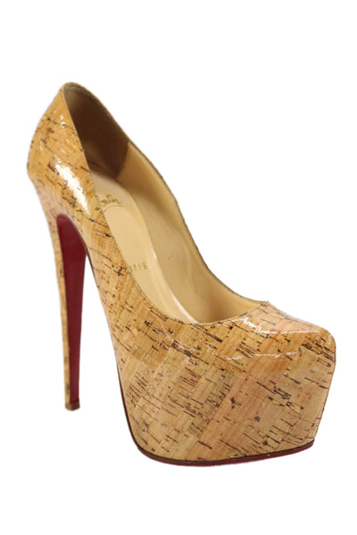 Christian Louboutin Womens Stiletto Platform Glossy Cork Pumps Brown Size 37.5
