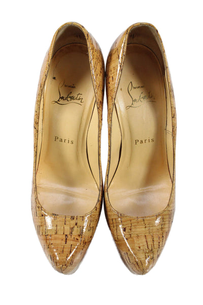 Christian Louboutin Womens Stiletto Platform Glossy Cork Pumps Brown Size 37.5