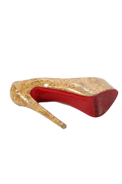 Christian Louboutin Womens Stiletto Platform Glossy Cork Pumps Brown Size 37.5