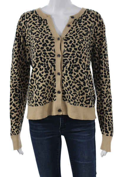 J Crew Womens Cardigan V-Neck Beige Animal Print Cotton Long Sleeve Size M