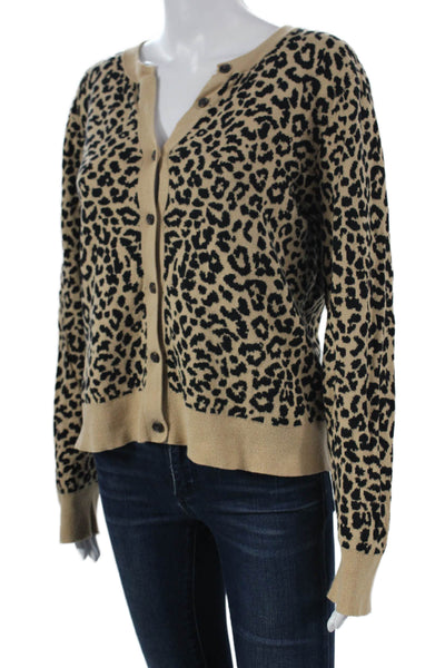 J Crew Womens Cardigan V-Neck Beige Animal Print Cotton Long Sleeve Size M