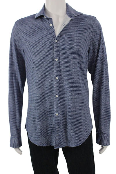 Michael Kors Mens Button Up Collared Geometric Cotton Long Sleeve Blue Size M