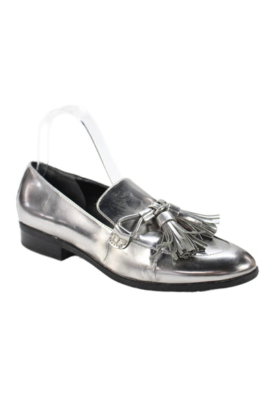 Marc Fisher Womens Slip On Bow Tassel Metallic Leather Loafers Silver Size 8.5