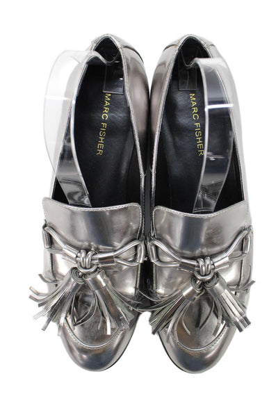 Marc Fisher Womens Slip On Bow Tassel Metallic Leather Loafers Silver Size 8.5