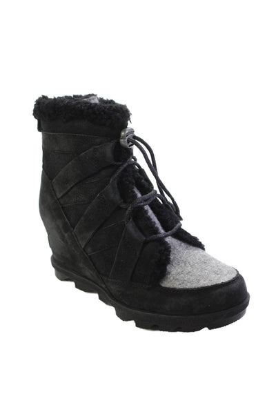 Sorel Womens Suede Joan Of Arctic Wedge Heel Ankle Boots Black Size 8.5