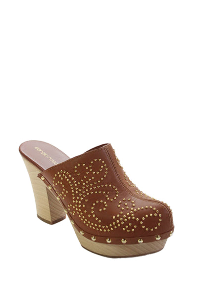 Sergio Rossi Womens Leather Platform Studded Detail Mule Heels Brown Size 9