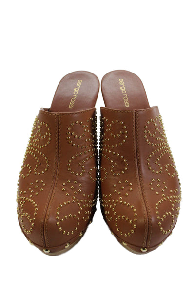 Sergio Rossi Womens Leather Platform Studded Detail Mule Heels Brown Size 9