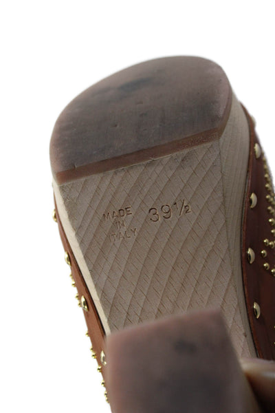Sergio Rossi Womens Leather Platform Studded Detail Mule Heels Brown Size 9