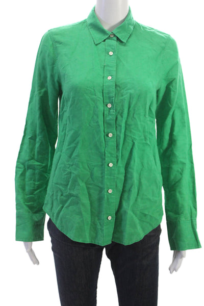 J Crew Women Green Linen Collared Button Up Long Sleeve Top Size 4