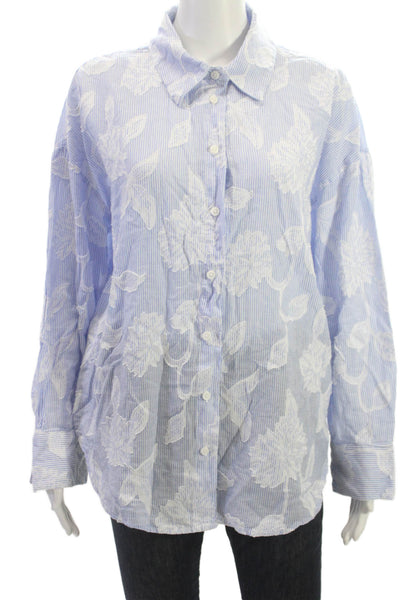 T Tahari Women Blue Striped Cotton Collared Button-Up Long Sleeve Basic Size L