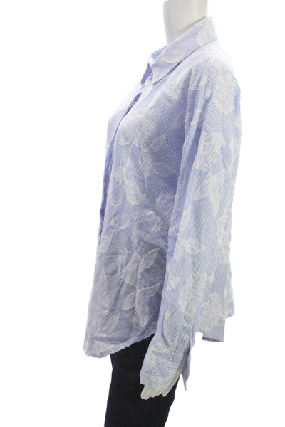 T Tahari Women Blue Striped Cotton Collared Button-Up Long Sleeve Basic Size L