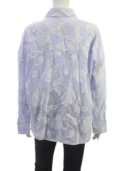 T Tahari Women Blue Striped Cotton Collared Button-Up Long Sleeve Basic Size L