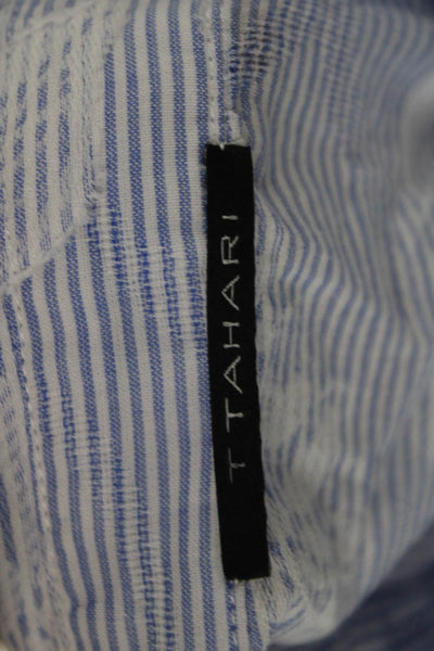 T Tahari Women Blue Striped Cotton Collared Button-Up Long Sleeve Basic Size L