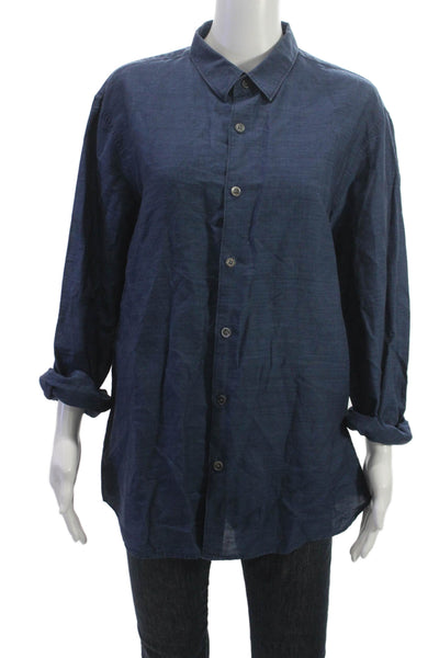 Theory Mens Collared Linen Button Up Blouse Blue Long Sleeve Size XL