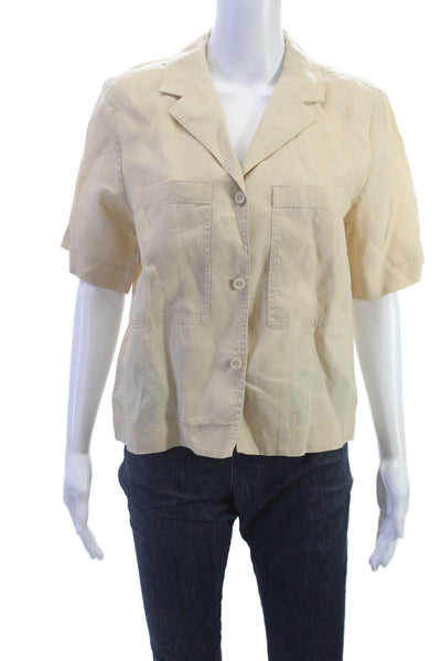 Everlane Women Basic Linen Collared Short Sleeve Button-Up Beige Top Size S