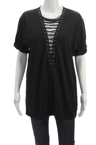 Emma & Sam Women Black Cotton V-Neck Lace Up Tunic Short Sleeve Size XS