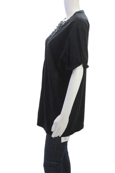 Emma & Sam Women Black Cotton V-Neck Lace Up Tunic Short Sleeve Size XS