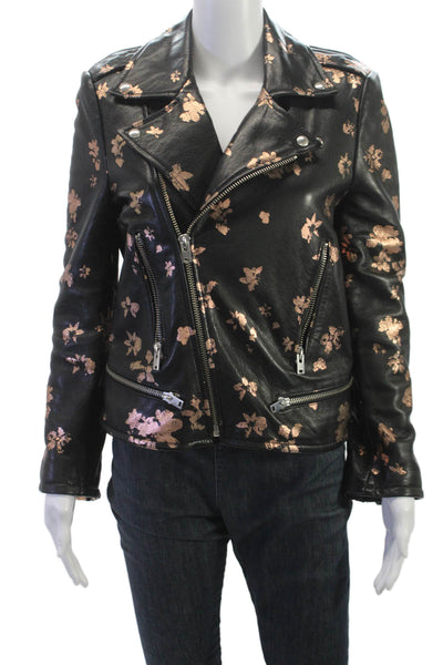 IRO Jeans Womens Biker Lamb Leather Jacket Black Floral Zip Size 40