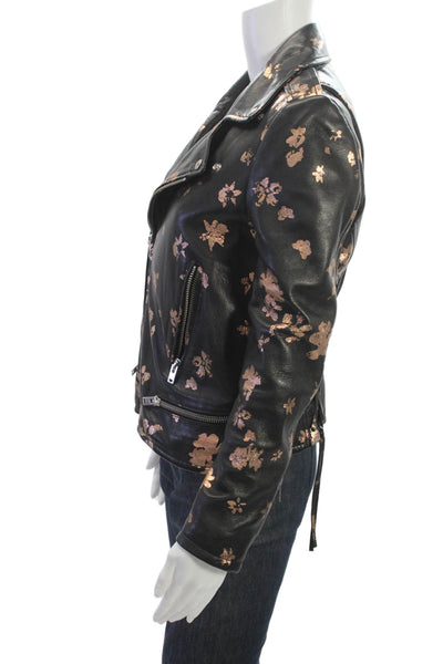 IRO Jeans Womens Biker Lamb Leather Jacket Black Floral Zip Size 40