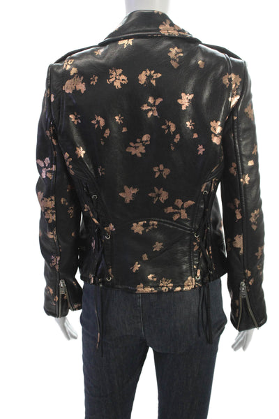 IRO Jeans Womens Biker Lamb Leather Jacket Black Floral Zip Size 40