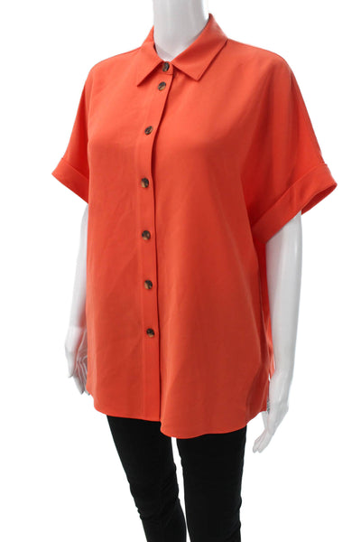 Lafayette 148 New York Women Orange Button-Up Short Sleeve Top Size M
