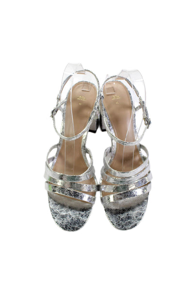 Zara Womens Ankle Strap Block Heels Sandals Shoes Silver Size 11