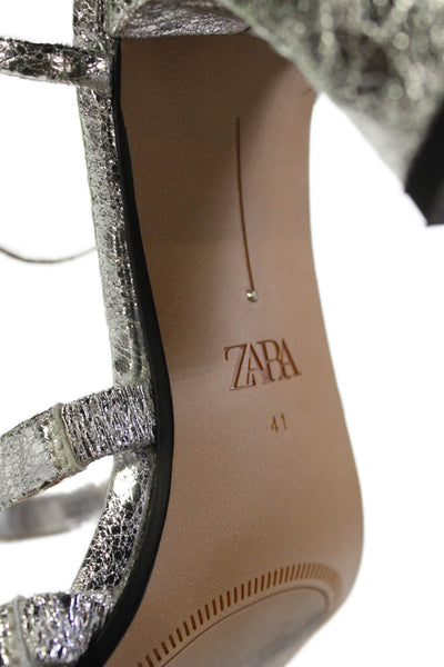Zara Womens Ankle Strap Block Heels Sandals Shoes Silver Size 11