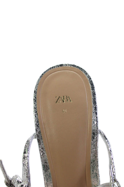 Zara Womens Ankle Strap Block Heels Sandals Shoes Silver Size 11