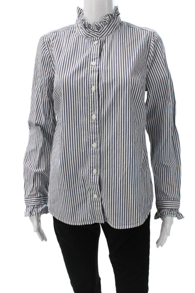 J Crew Women Blue Striped Collared Long Sleeve Blouse Size S