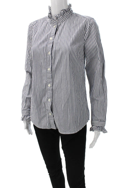 J Crew Women Blue Striped Collared Long Sleeve Blouse Size S