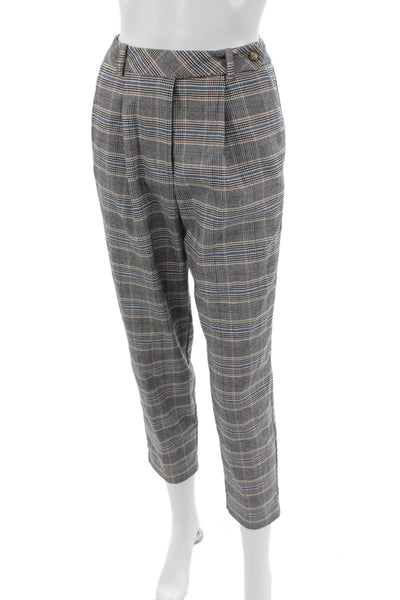 Topshop Womens Cropped Plaid Pants Gray Button Polyester Size 2