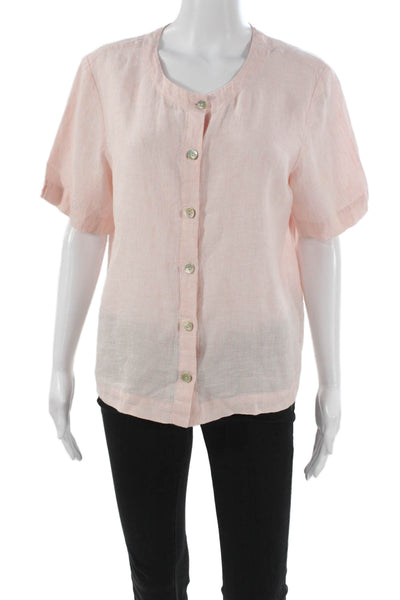 Orvis Women Linen Short Sleeve Round Neck Pink Basic Blouse Button Size M