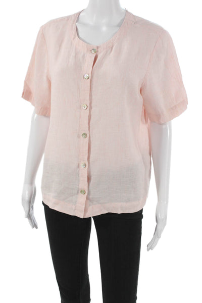 Orvis Women Linen Short Sleeve Round Neck Pink Basic Blouse Button Size M