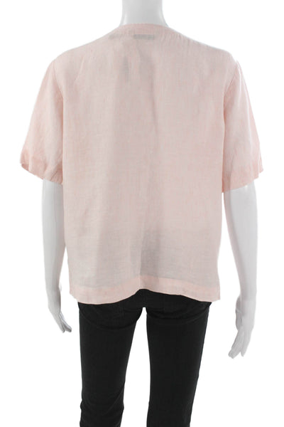 Orvis Women Linen Short Sleeve Round Neck Pink Basic Blouse Button Size M