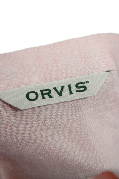Orvis Women Linen Short Sleeve Round Neck Pink Basic Blouse Button Size M