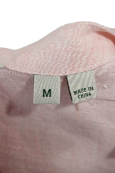 Orvis Women Linen Short Sleeve Round Neck Pink Basic Blouse Button Size M