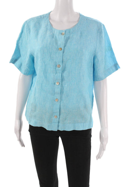 Orvis Women Blue Linen Short Sleeve Round Neck Button Blouse Size M