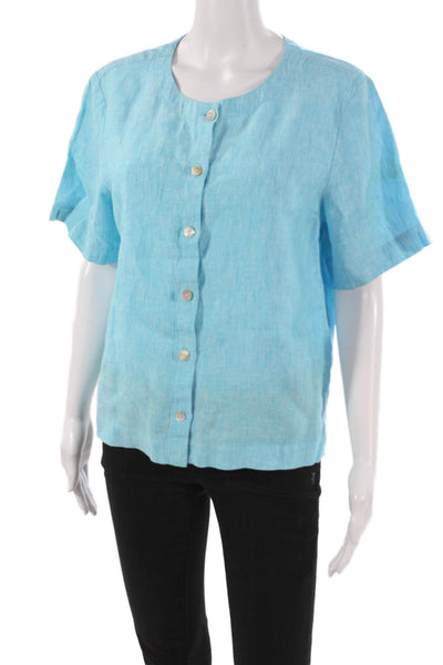 Orvis Women Blue Linen Short Sleeve Round Neck Button Blouse Size M