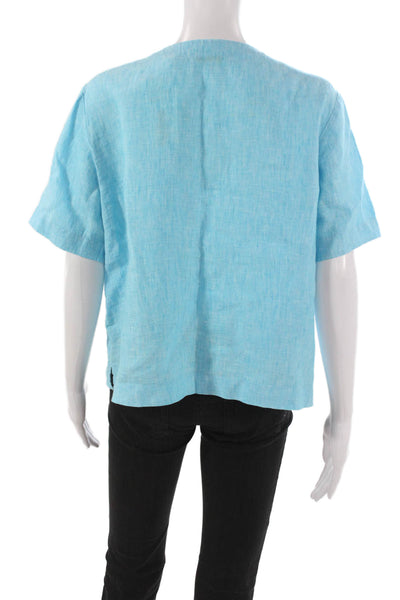 Orvis Women Blue Linen Short Sleeve Round Neck Button Blouse Size M
