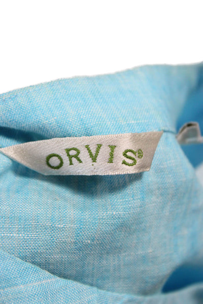 Orvis Women Blue Linen Short Sleeve Round Neck Button Blouse Size M