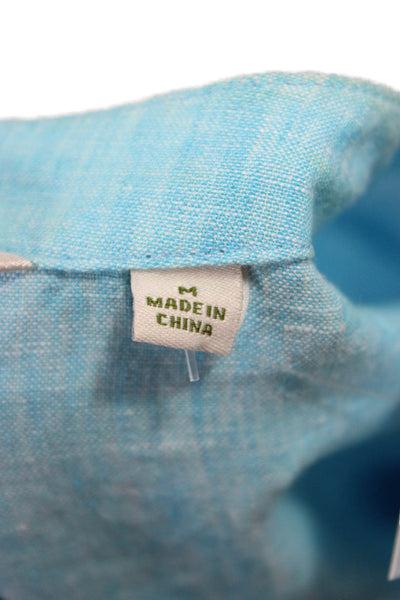 Orvis Women Blue Linen Short Sleeve Round Neck Button Blouse Size M