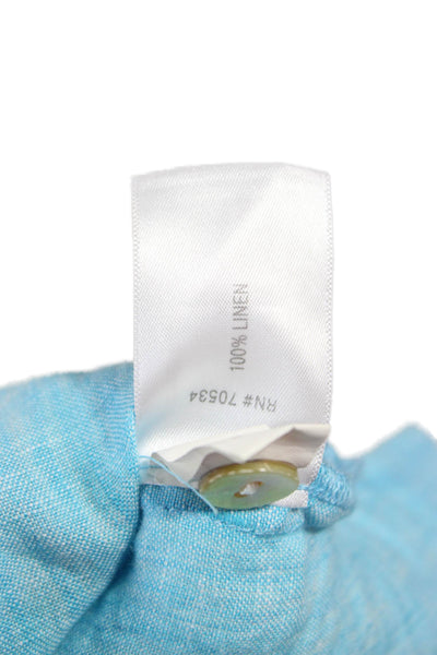 Orvis Women Blue Linen Short Sleeve Round Neck Button Blouse Size M
