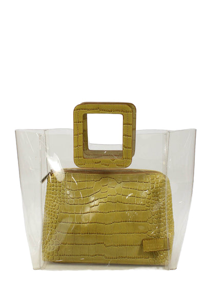 Staud Womens Crocodile Print Mini Top Handle Shoulder Handbag Clear Yellow