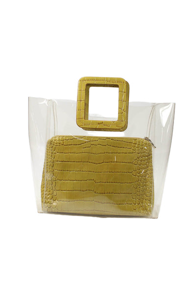 Staud Womens Crocodile Print Mini Top Handle Shoulder Handbag Clear Yellow