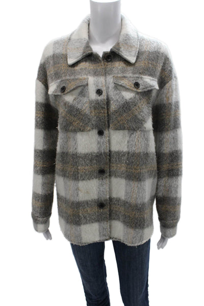 Saylor Womens Gray Plaid Basic Jacket Button Polyester Long Sleeve Size S