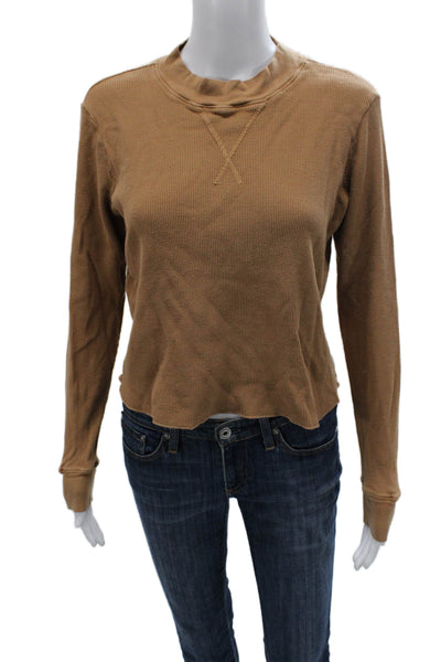 Mate Womens Pullover Mock Neck Long Sleeve Cotton Top Brown Size S