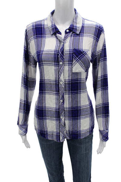 Rails Womens Basic Plaid Rayon Collared Long Sleeve Button Up Top Blue Size XS