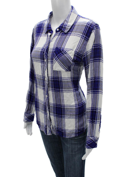 Rails Womens Basic Plaid Rayon Collared Long Sleeve Button Up Top Blue Size XS