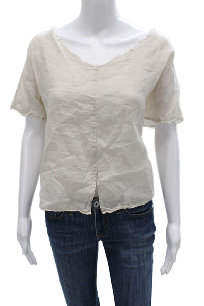 Grade & Gather Womens Basic Linen V-Neck Short Sleeve Blouse Beige Size S