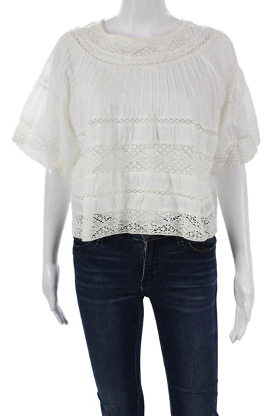 Love Shack Fancy Women Cropped Cotton Top Short Sleeve White Round Neck Size 2